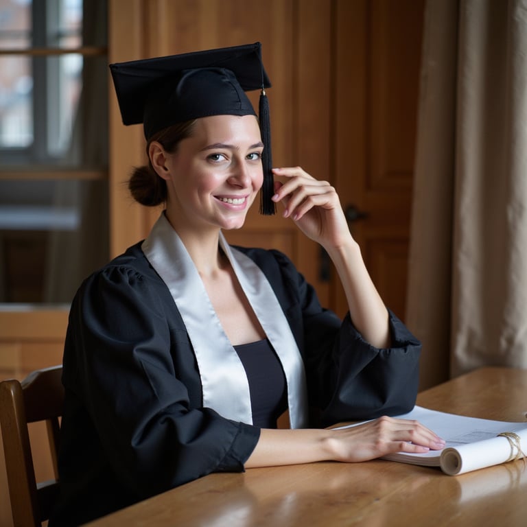 Head-and-shoulders portrait of a woman graduate seated at a wooden desk indoors,