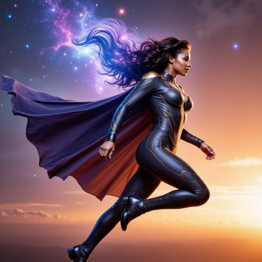 Stylish female hero channeling cosmic power, dynamic pose mid-leap, galaxy swirling in her cape, metallic armor with gold-infused circuitry, blazing horizon, Marvel comic-to-film realism