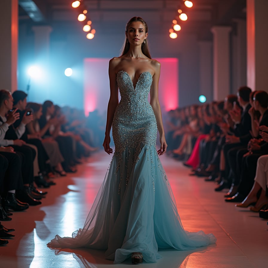 woman in a stunning, floor-sweeping evening gown, confidently strutting down a glamorous catwalk, surrounded by flashing cameras and a crowded audience, under the bright lights of a high-end fashion event.