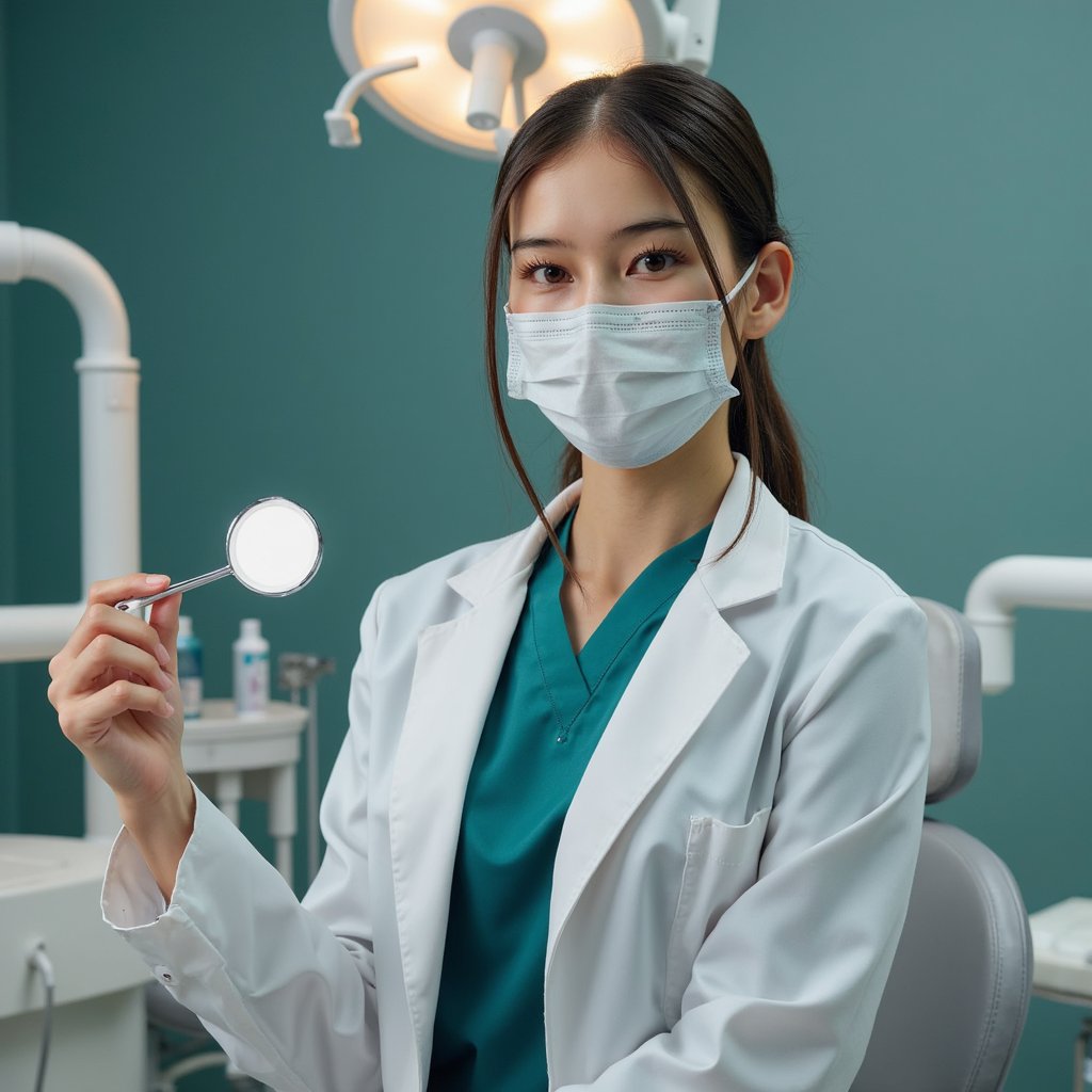 Highly detailed, highly realistic HDR portrait of a woman dentist in teal scrubs under a white coat; hair in tidy ponytail, disposable mask lowered under chin. Camera: 50mm lens, f/2.0, ISO 320, chest-up, direct eye-level. Lighting: overhead dental lamp feathered as soft key, bounced reflector fill from camera left; faint natural chin shadow. Pose: holding dental mirror in right hand, gentle reassuring smile. Background: blurred dental chair and instruments, sterile and uncluttered