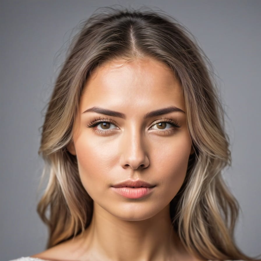 Woman in evening gown, dramatic lighting, sunset cityscape backdrop.