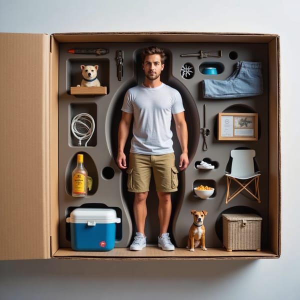 Man in cargo shorts holding a fishing rod, surrounded by camping gear, dog figure, and cooler box
