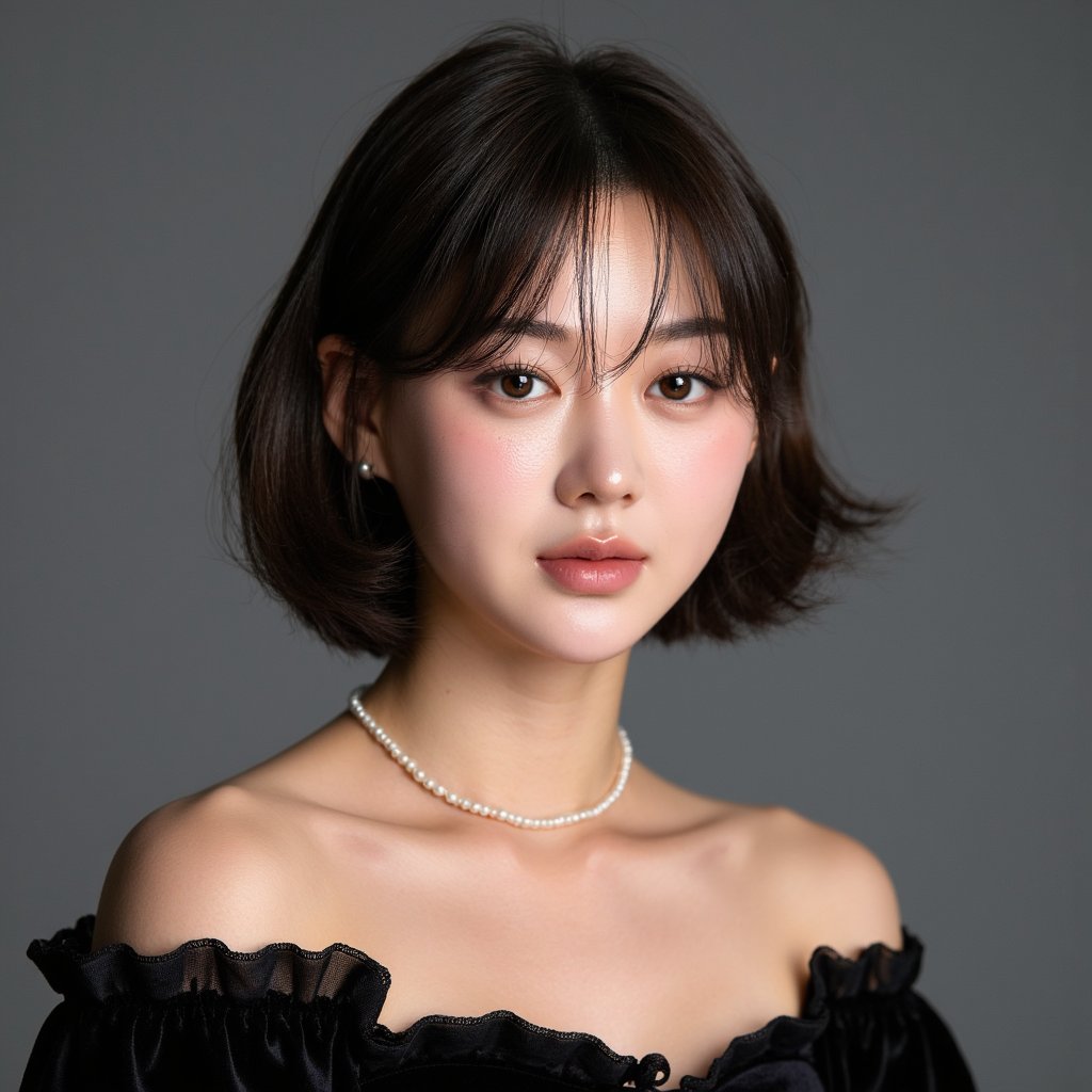 Hyperreal 1960s yearbook studio portrait of a high school senior girl, shot from the chest up with a 105mm lens. Her posture is upright, shoulders slightly angled away, chin tilted subtly downward. Hair styled in a voluminous bouffant with smooth curls tucked at the ends, a few soft flyaways near the temples. She wears a black velvet off-shoulder drape, with visible fine texture and faint light absorption in the fabric folds. A single pearl necklace rests at the collarbone, catching a faint reflection of the key light. Her skin is smooth but lifelike, with a faint natural sheen on the cheekbones and a soft pink blush. Freckles faintly visible under light studio makeup. Soft HDR lighting from the left with a fill bounce on the right, creating delicate shadow gradients under the jaw and nose. Background is seamless dark grey with a barely perceptible vignette, clean and softly blurred. Her eyes gaze directly into the lens, faint light catch creating depth.