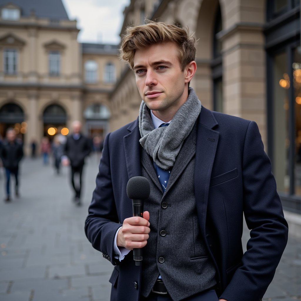 Highly realistic, highly detailed HDR image of a man journalist in a dark wool overcoat over a navy suit, gray scarf draped loosely; short neatly styled hair. Camera: 35mm lens, f/2.8, ISO 200, half-body, shot at slight upward angle outdoors. Lighting: bright overcast sky as giant softbox, natural catchlight in eyes, soft jawline shadow. Pose: holding handheld microphone toward unseen subject, expression focused and inquisitive. Background: blurred urban plaza with faint silhouettes of passersby, minimal clutter