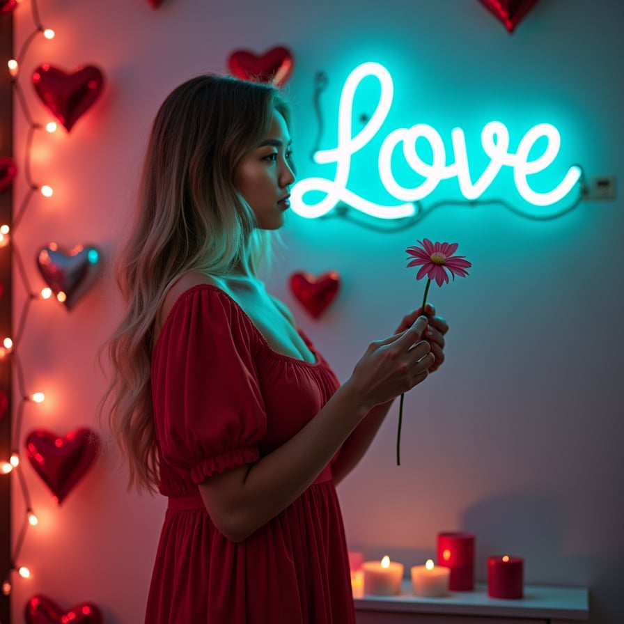 A model wearing a flowing red dress, standing in front of a glowing "Love" neon sign, surrounded by Valentine's Day decor like heart-shaped garlands and candles.