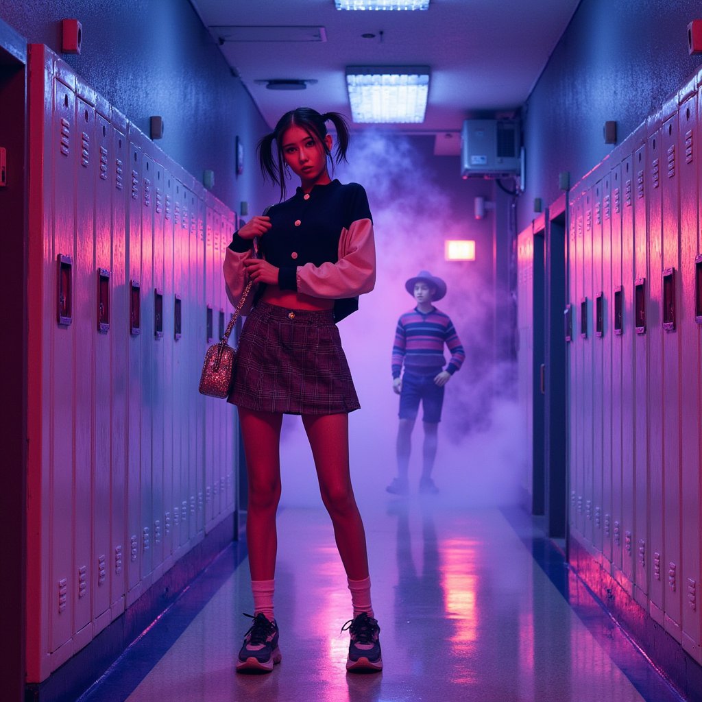 teenage girl stands mid-hall in a dimly lit 90s school corridor lined with lockers. She wears a plaid miniskirt with a cropped varsity jacket, knee-high socks, and chunky platform sneakers. Her hair is styled in two messy side buns with tendrils framing her face, makeup dark with lip liner and clear gloss. She casually grips the strap of her glittery Y2K shoulder bag with one hand while the other hand rests at her side. The overhead lights flicker, casting eerie shadows down the hallway. At the far end, Freddy Krueger’s silhouette is visible, his striped sweater just catching the light.