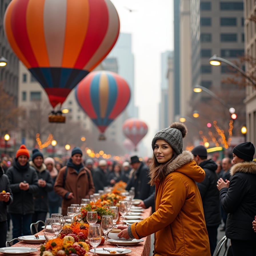 A bustling Thanksgiving parade in a city setting, with crowds lining the streets, cheering and taking photos. Large, colorful helium balloons shaped like famous cartoon characters and animals float high above, casting shadows over the spectators. Elaborate, themed floats roll down the avenue, decorated with autumn leaves, pumpkins, and vibrant seasonal colors. Marching bands in uniform play lively music, while dancers in festive costumes perform routines. Street lights are decorated with seasonal garlands, and families are bundled up in coats and scarves, smiling and enjoying the festive scene. In the background, tall city buildings rise, and a sense of excitement fills the air as Santa Claus arrives on the final float, signaling the start of the holiday season.