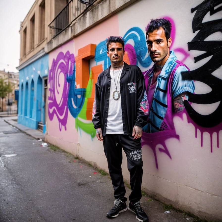 Handsome street punk, graffiti alley, detailed, hyper-realistic setting.