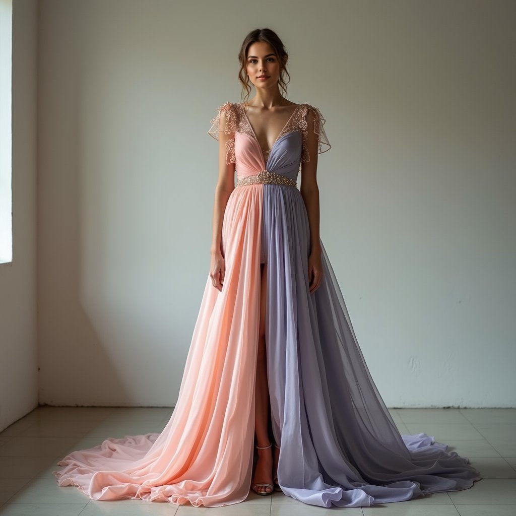 Stunning woman, multi-colored gown, plain wall, professional shot.
