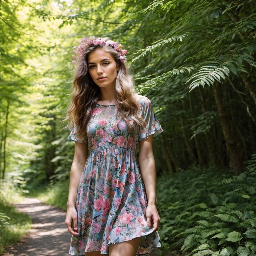 Energetic tropical adventurer, rainforest backdrop, lush greenery, and waterfalls.