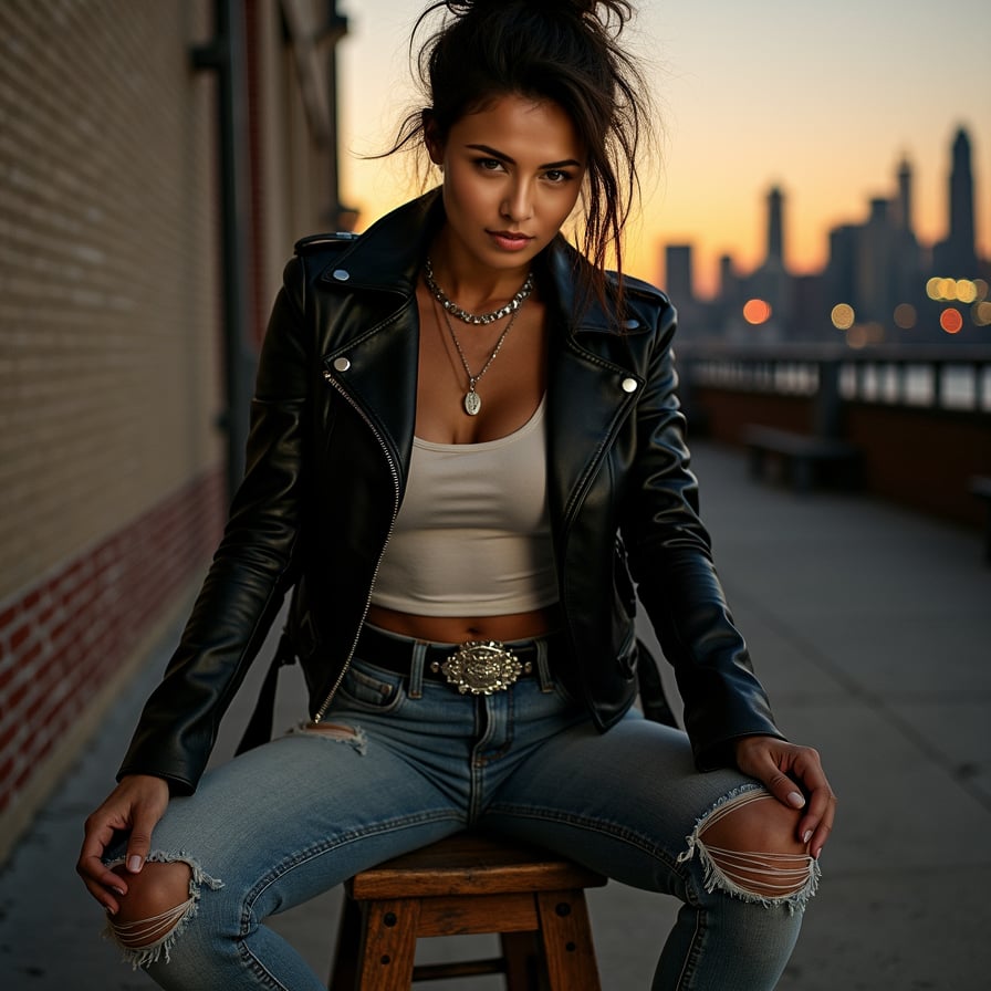 Pose: Sitting on a worn, wooden stool, with her legs crossed and her arms resting on her knees.
Expression: Intense, with a hint of defiance and a raised eyebrow.
Clothing: A black leather jacket, a white tank top, and ripped jeans, giving off a tough, edgy vibe.
Accessories: A silver studded belt, a pair of chunky boots, and a messy, undone hairstyle.
Background: A gritty, urban background with exposed brick walls and a cityscape at night.