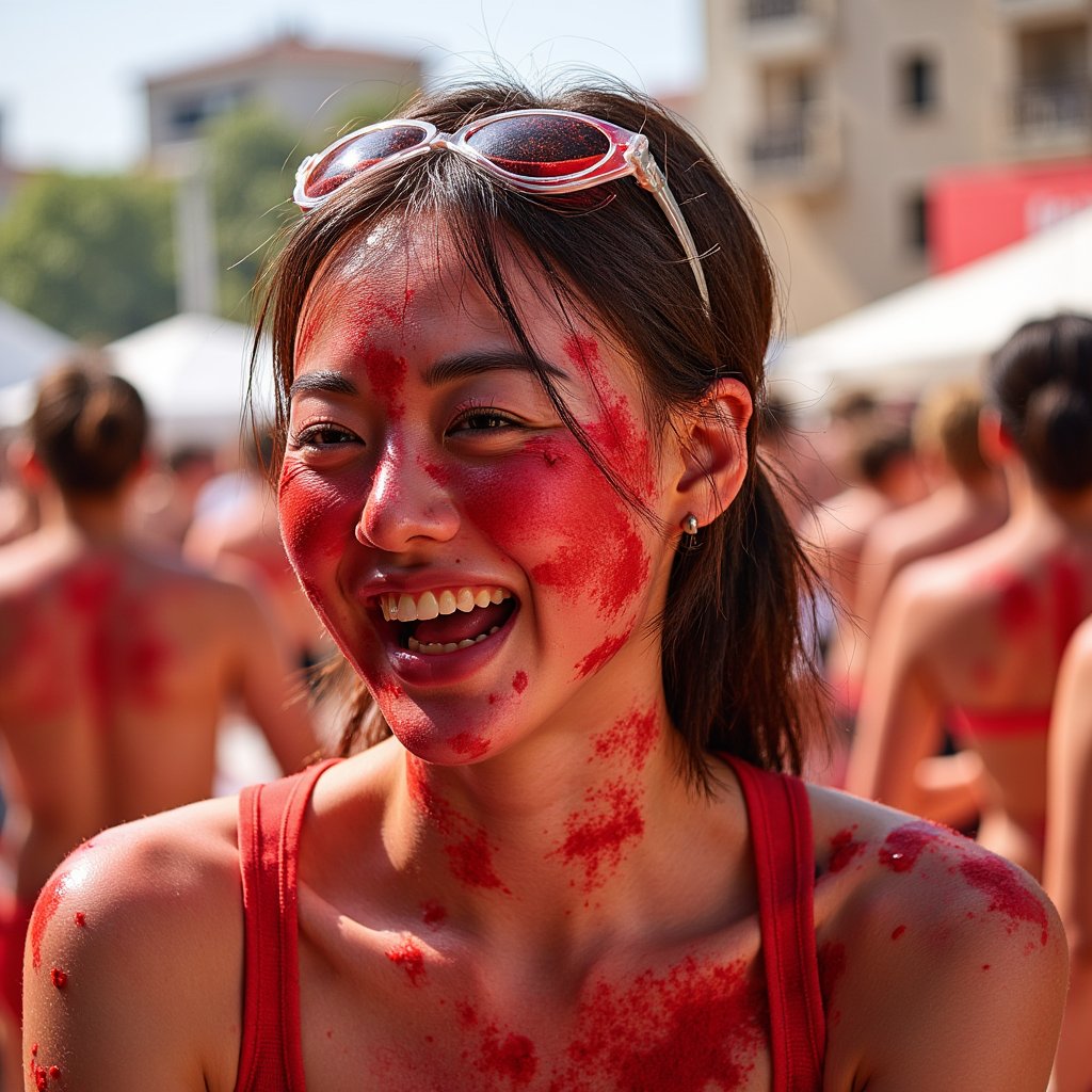 Close-up portrait of a joyful woman mid-laugh, face splattered with tomato juice, hair soaked, wearing protective goggles, La Tomatina festival vibe