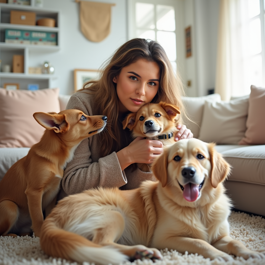 woman surrounded by playful furry friends, lovingly holding a cute puppy or kitt