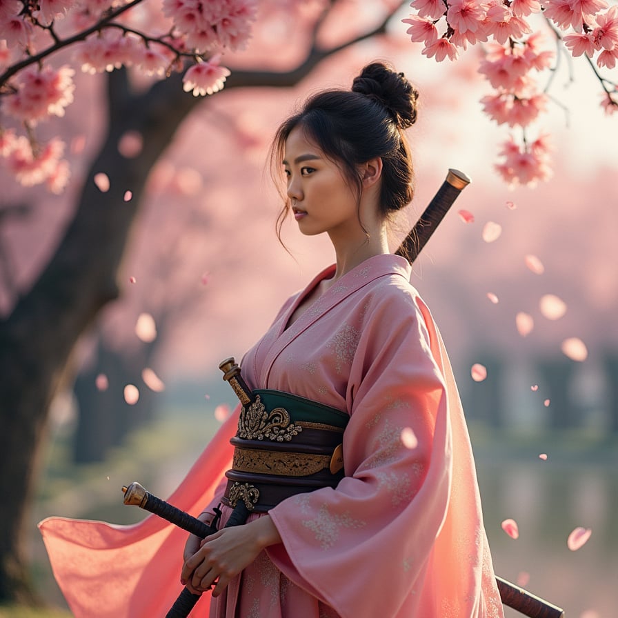 A fierce female samurai, dressed in ornate armor, stands beneath a sakura tree in full bloom. Her katana rests on her shoulder, and pink petals swirl around her as she gazes into the distance with a determined expression.
