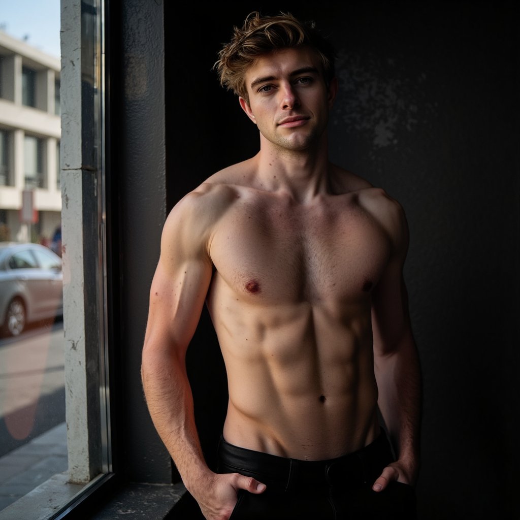 A highly detailed, highly realistic HDR waist-up portrait of a 30-year-old male creator standing shirtless against a dark backdrop, wearing only black tailored trousers that sit low on his waist, his toned upper body highlighted by a dramatic spotlight. Captured with an 85mm f/1.8 lens, his head is turned slightly toward camera with a smoldering half-smile, wet hair pushed back as if fresh from a shower. The spotlight sculpts strong shadows along his jawline, abs, and collarbones, while the background fades into deep black, creating an intimate, cinematic OnlyFans-style “Spotlight Intensity” shot.