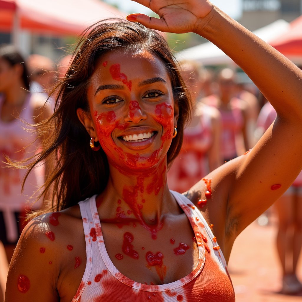 Knee-up portrait of a woman in a white tank top soaked with tomato sauce, one hand raised mid-throw, sunny outdoor light, La Tomatina energy