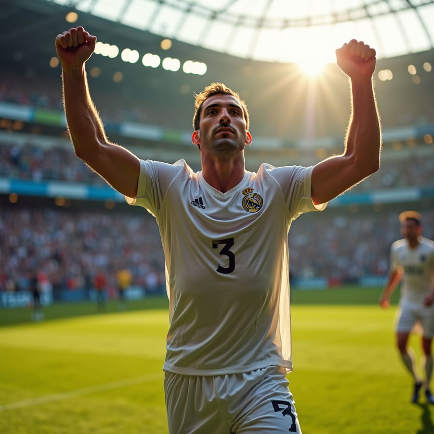 man in a dramatic athletic pose, arms raised in triumph, wearing a professional soccer jersey and shorts, sweaty and euphoric, in the midst of a bustling stadium with cheering fans and blurred movement in the background, capturing the raw emotion of scoring the first goal.