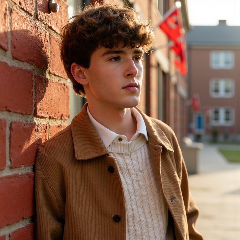 1960s high school student leaning against a red brick wall, shot from mid-thigh up with a 70mm lens. He wears a camel-colored corduroy jacket with visible wale texture and slight wear at the cuffs, layered over a cream cable-knit sweater and white collared shirt. The sweater’s knit loops are highly detailed, with fine wool fuzz visible in HDR clarity. His dark hair is styled in a neat side part with soft waves, individual strands catching sunlight. Expression is thoughtful, lips gently closed, gaze angled off-frame. His skin tone is warm with a faint tan line at the forehead. Afternoon sunlight casts strong side shadows along the brick texture, while the far background is blurred to creamy bokeh, showing only vague hints of a schoolyard.