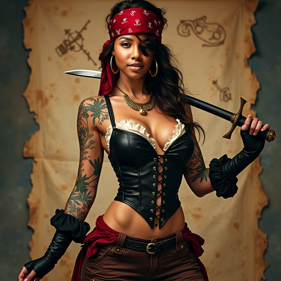 woman in a bold, provocative pirate costume, complete with a fitted corset, flowing pirate pants, and a bandana, posing seductively with a fake sword and a treasure map in the background, capturing the essence of swashbuckling adventure and pirate charm, dramatic lighting with a warm color tone, posing for a poster.