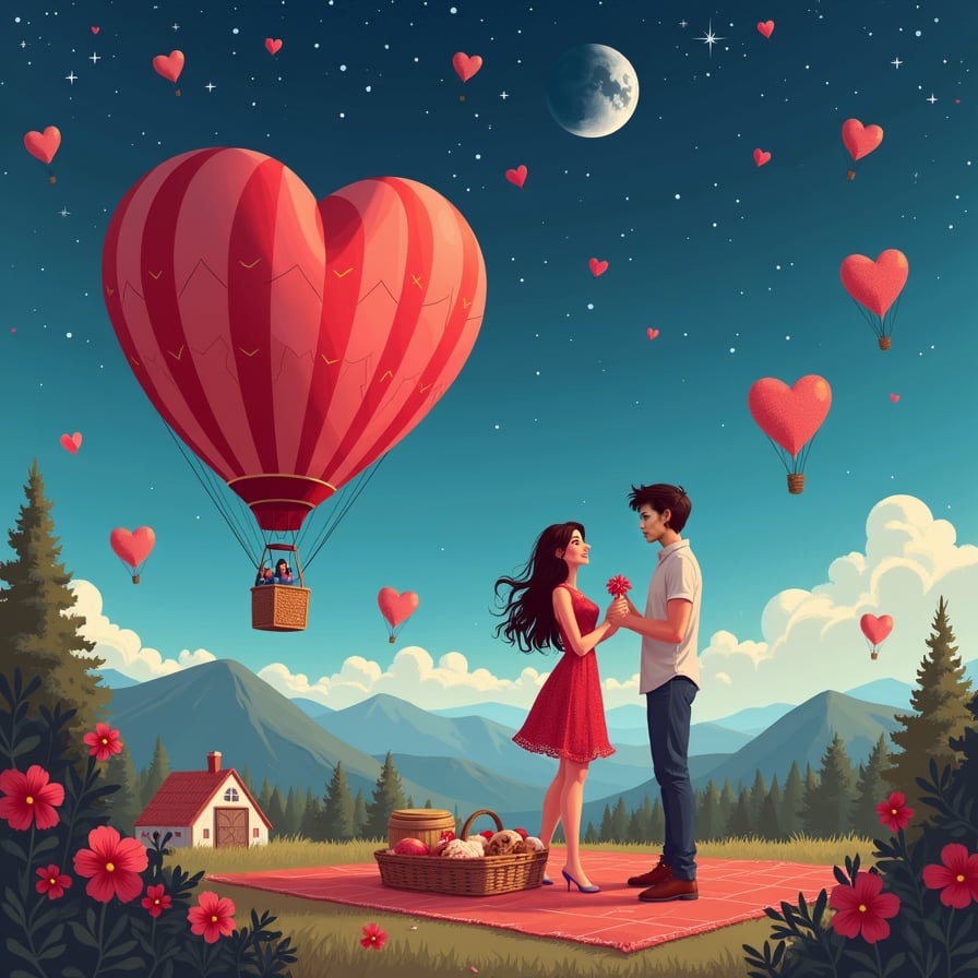 Design an adventurous Valentine's Day itinerary where a couple starts their day with a hot air balloon ride, enjoys a picnic with their favorite treats, and ends with stargazing under a blanket of stars