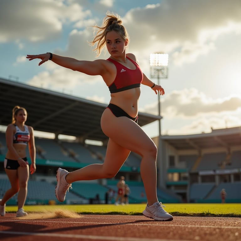 Knee-up image of a discus thrower in mid-warmup, arm stretch in foreground, blur