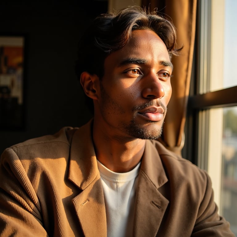 A cinematic warm interior portrait of a man (mid 20s) sitting near a large windo
