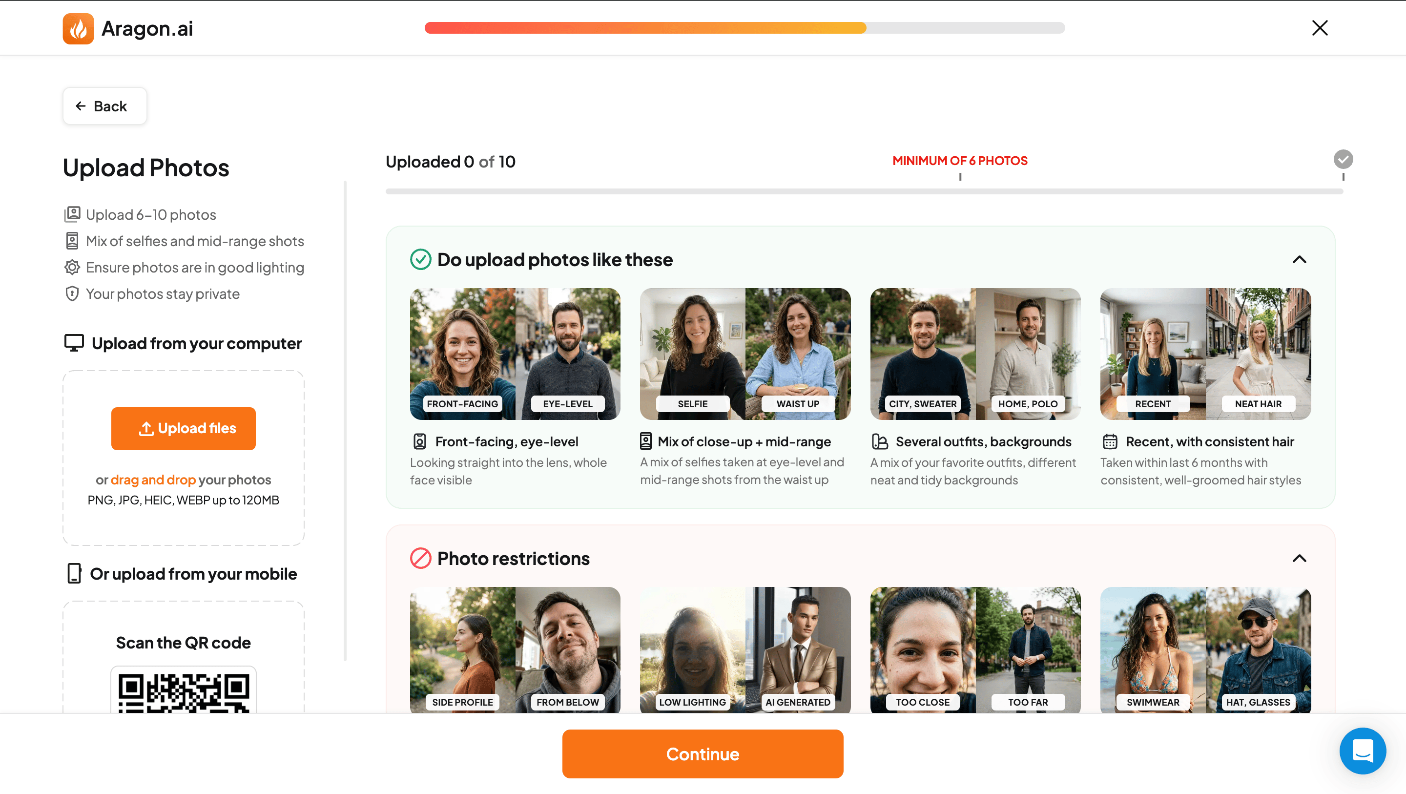  Aragon.ai upload photos interface showing minimum of 6 photos required and examples of photos to upload