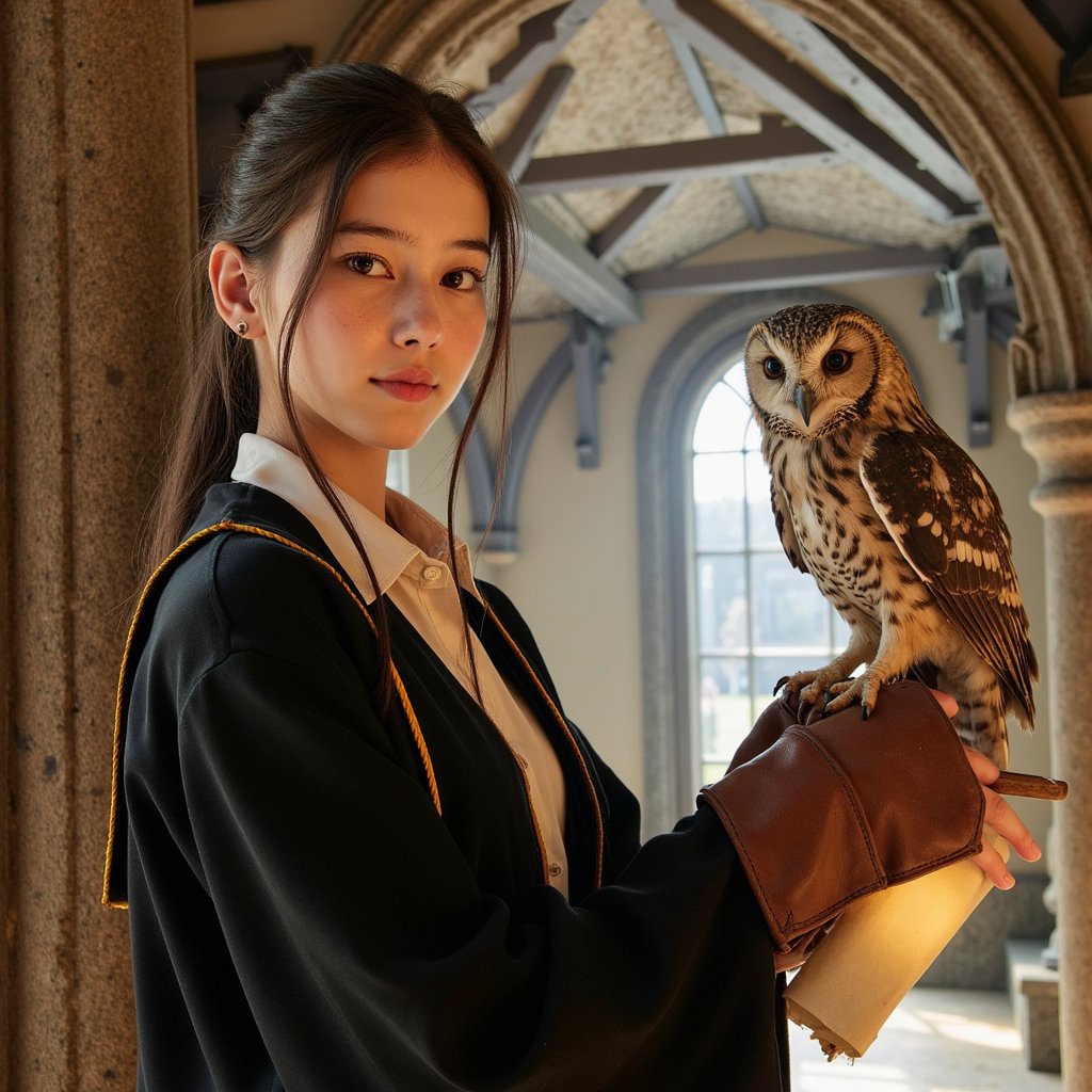 Highly realistic, ultra-detailed HDR portrait of a 15-year-old female Hogwarts student with light beige skin, light freckles across cheeks, soft brown almond-shaped eyes, and a small, gentle smile. Shoulder-length straight chestnut hair tucked neatly behind both ears, a few strands catching the light. Wearing a thick black wool Hogwarts robe with Gryffindor trim (red-and-gold threading visible, slightly frayed in places) over a cream cotton shirt. Pose: left arm bent upward, supporting a tawny owl perched on a brown leather falconry glove (visible creases and stitching in the glove), right hand delicately untying a parchment scroll from the owl’s leg. Camera: Canon EOS R5, 85mm f/2 prime lens, aperture f/2, shot at eye level for balanced perspective. Lighting: warm morning sunlight (4500K) streaming in from the left, casting gentle highlights on subject and owl feathers; faint cool fill from the right to balance contrast; catchlights visible in both human and owl eyes. Background: blurred wooden rafters and beams above, soft depth with no distracting elements.