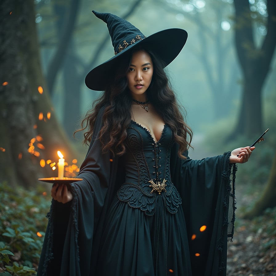 woman in intricate, mystical witch robes, mystical forest backdrop, warm candlelight, wand in hand, dynamic pose