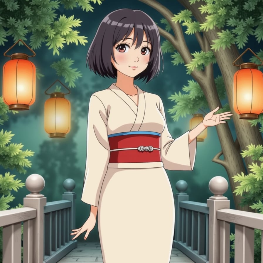 girl in a white kimono with a red sash, standing in front of a spirit world background with fantastical creatures and lanterns, inspired by Hayao Miyazaki's Spirited Away.