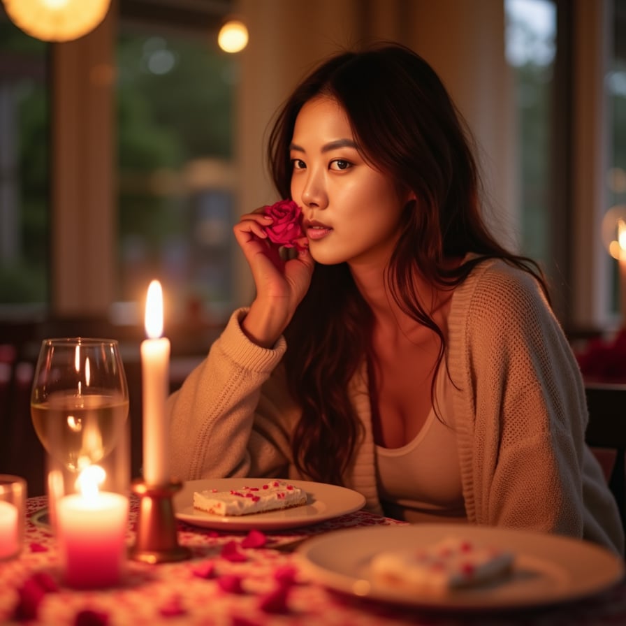 A model enjoying a romantic dinner with candles and soft lighting, set in a warm, Valentine's-themed atmosphere.