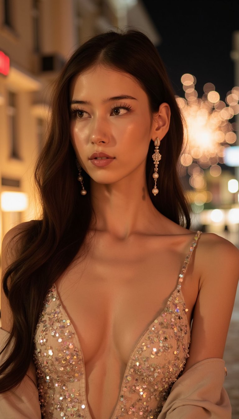 A highly realistic portrait of a woman dressed in an elegant New Year outfit, soft warm lighting, subtle fireworks bokeh in the background, clean composition suitable for a greeting card, shallow depth of field, polished festive mood, high detail, HDR, minimal background clutter