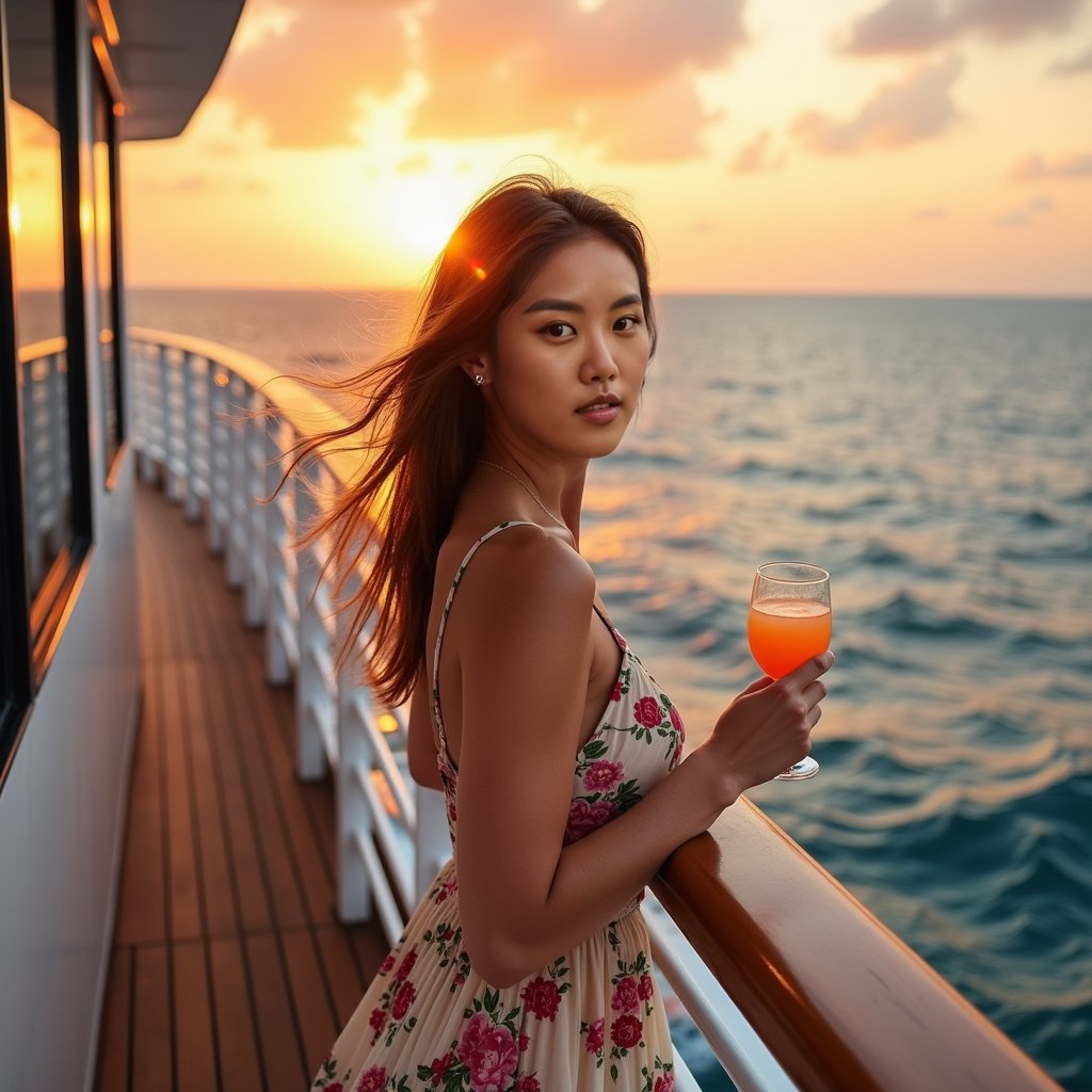 Woman in sundress, cruise deck, sunset, relaxed pose.