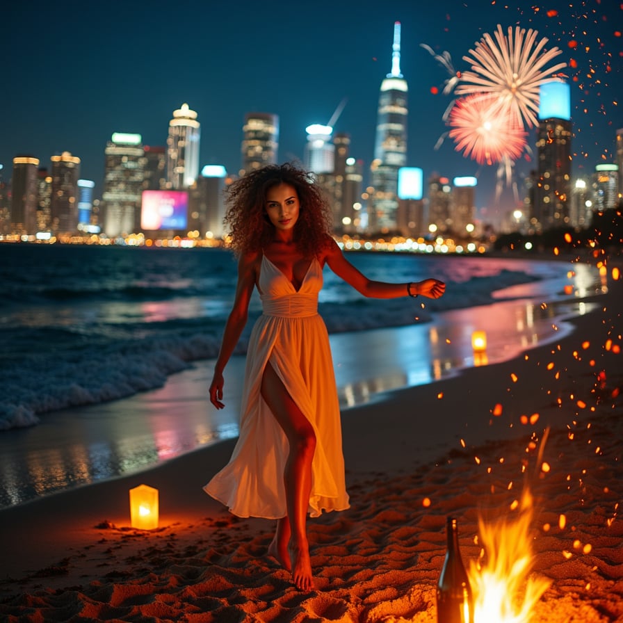 A joyful woman dancing barefoot on a beach under a starry sky, illuminated by glowing lanterns and a small bonfire, celebrating New Year's Eve with friends