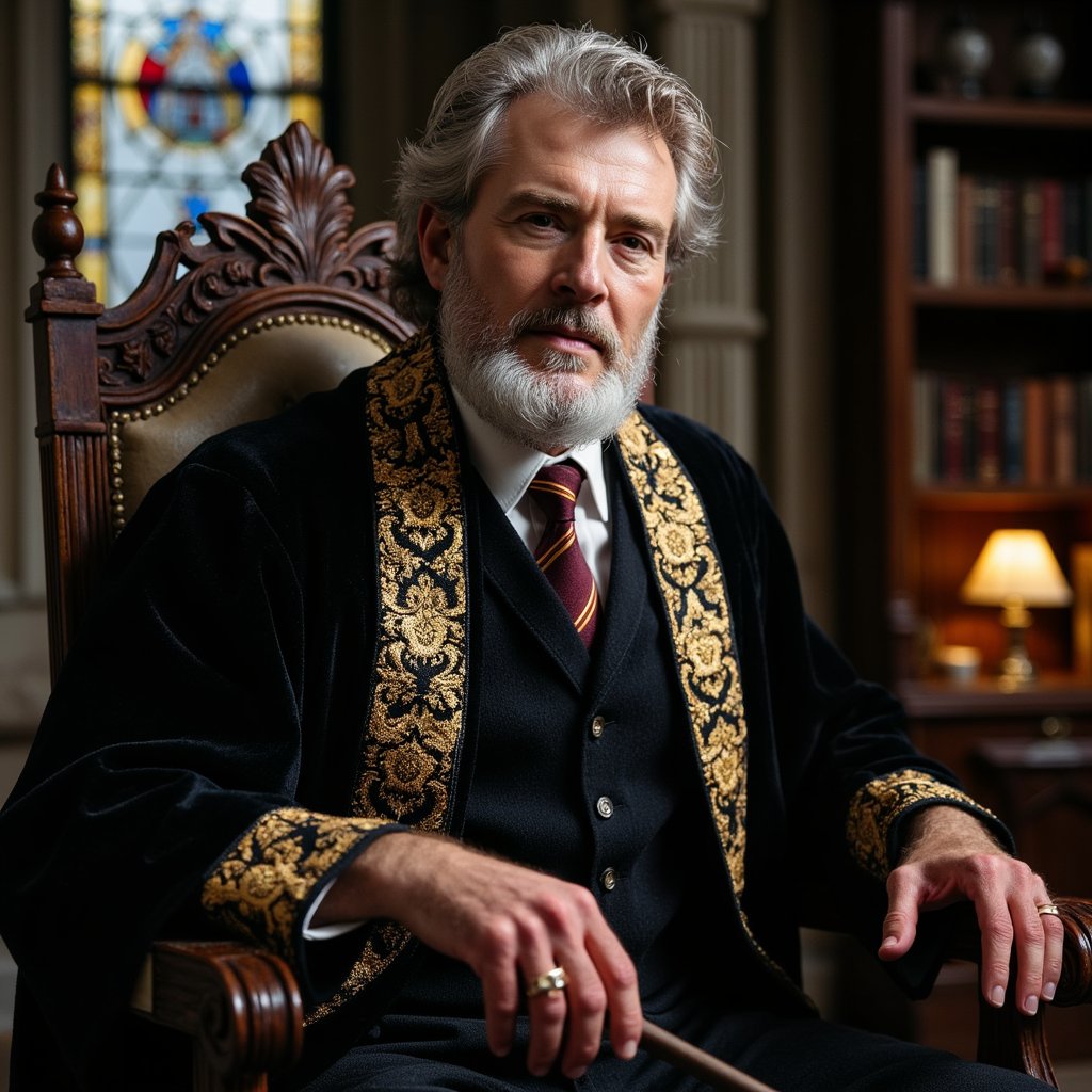 Ultra-detailed, highly realistic HDR seated portrait of a 70-year-old male wizard with warm brown skin, fine wrinkles around kind hazel eyes, and a neatly combed silver mane flowing past shoulders, full matching beard. Wearing an opulent black velvet robe with gold-thread brocade trim, every stitch glinting subtly under light. Pose: seated in a carved high-backed chair, hands resting on armrests, body facing camera, head slightly turned to right as if listening thoughtfully. Camera: Hasselblad X2D, 85mm f/2 prime, aperture f/2, camera at eye level for intimate, dignified composition. Lighting: key light from warm desk lamp (3200K) to left softly illuminating face and robe texture, secondary cool daylight rim (5600K) from stained-glass window behind creating halo-like edge on hair; micro-shadows cast by brocade threads adding depth to fabric. Background: softly blurred wooden shelves lined with neatly arranged books and a single delicate silver instrument catching light, zero clutter beyond key props.