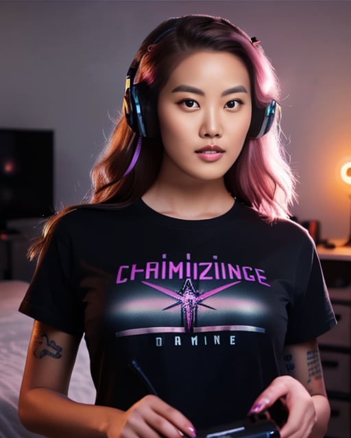 amazingly detailed, ultra hd, beautiful girl,(computer gamer), gaming computer, gaming chair,( playing cyberpunk 2077), ((neon bedroom))), ((streamer setup, ))(italian:0.3, spanish:0.4, french:0.3) , cyberpunk theme, wild long hair, with pink streaks, high detail hair, ((smokey eye shadow)), high detail skin, high detail eyes, seductive eyes, smokey makeup, slender body, toned body, perfect face, slim athletic body, , (cold attitude, eyeshadow, eyeliner:1. 6) , tattoos, ruby nose stud piercing, (Vintage Samurai Retro Japanese Gaming 2077 Art Game Style T-Shirt) , vibrant colors, beautiful, dramatic lighting, shallow depth of field, Ultra-realistic, beautiful lighting, beautiful girl wearing headphones and with lots of eye makeup with computers and neon lightening in the background
