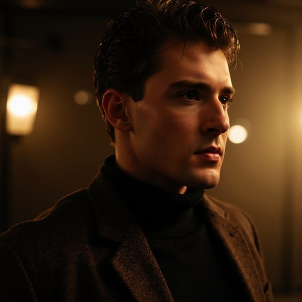 A cinematic portrait of a man (mid 30s) inside a dim jazz club, waist-up, camera slightly below eye level, subject angled three-quarters toward camera. Hair: slicked-back hair with natural imperfections. Face: realistic skin texture, slight sweat sheen, faint smile lines, calm confident gaze looking off-camera. Wardrobe: dark brown tweed blazer, visible wool texture, black turtleneck underneath, subtle fabric lint and folds. Lighting: warm tungsten key light from camera-left, soft amber rim light from behind cutting through light smoke in the air; gentle haze adds depth. Background: blurred stage lights and indistinct silhouettes, no instruments in focus, extremely minimal. Camera: 50mm lens, f/1.8, shallow depth, cinematic warmth and grain. Highly detailed, highly realistic, HDR quality, cinematic low-light atmosphere, minimal clutter.