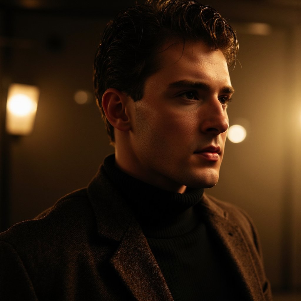 A cinematic portrait of a man (mid 30s) inside a dim jazz club, waist-up, camera slightly below eye level, subject angled three-quarters toward camera. Hair: slicked-back hair with natural imperfections. Face: realistic skin texture, slight sweat sheen, faint smile lines, calm confident gaze looking off-camera. Wardrobe: dark brown tweed blazer, visible wool texture, black turtleneck underneath, subtle fabric lint and folds. Lighting: warm tungsten key light from camera-left, soft amber rim light from behind cutting through light smoke in the air; gentle haze adds depth. Background: blurred stage lights and indistinct silhouettes, no instruments in focus, extremely minimal. Camera: 50mm lens, f/1.8, shallow depth, cinematic warmth and grain. Highly detailed, highly realistic, HDR quality, cinematic low-light atmosphere, minimal clutter.