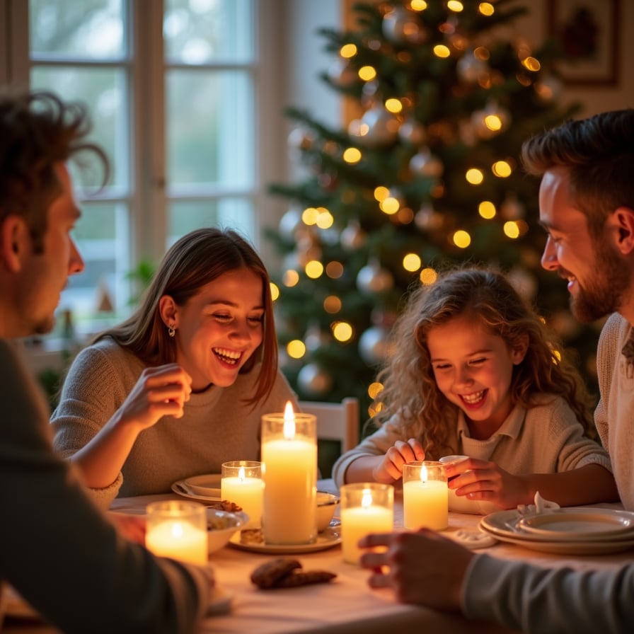 "A warmly lit dining table scene with family members leaning in, smiling broadly as they share stories. Include soft candlelight, a decorated Christmas tree in the background, and subtle details like hand gestures and expressive faces."