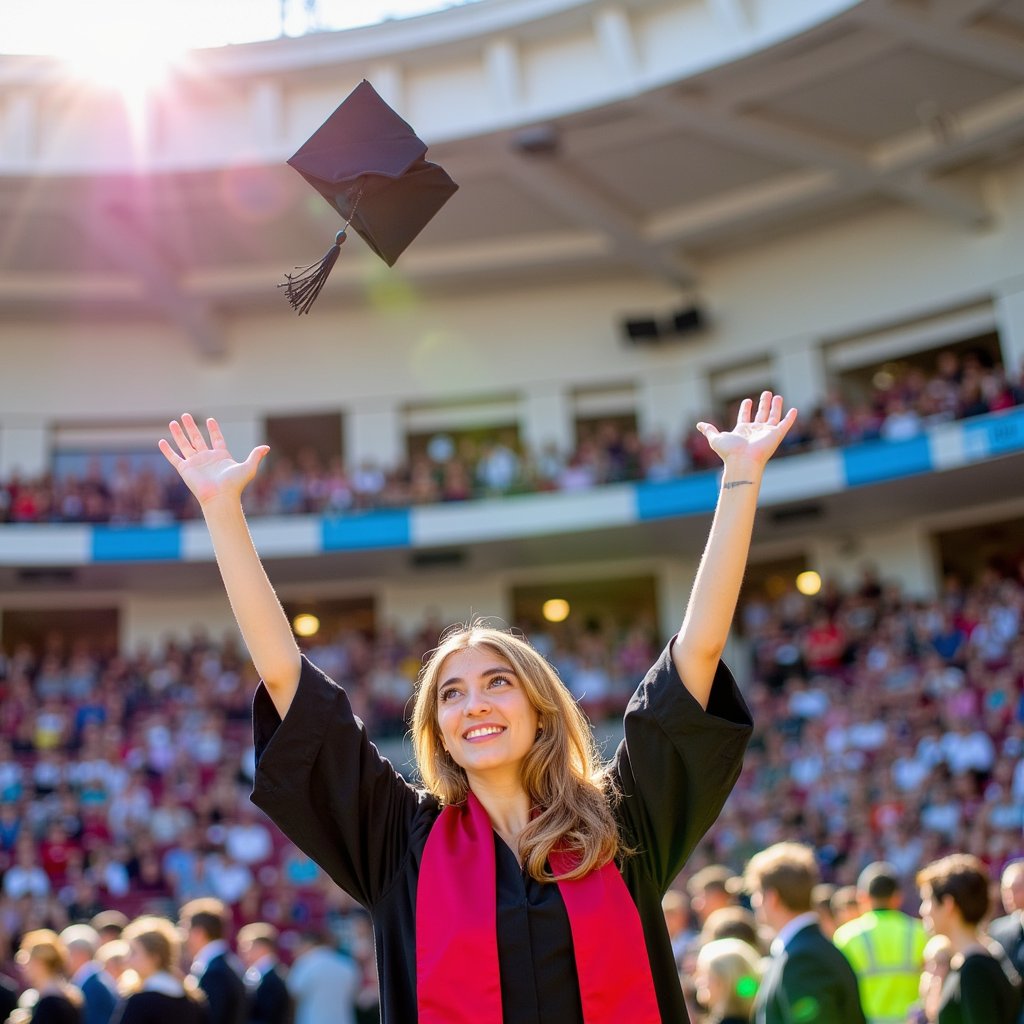 Waist-up image of a woman graduate gazing up toward a graduation cap suspended mid-air, arms still lowered (no movement captured); wearing black gown, crimson stole, mortarboard just tossed upward; loose wavy hair, sunlight catching strands; camera below shoulder level angled upward, 70 mm lens, f/2.8; golden-hour lighting, flare at image edge; background: blurred open campus field, warm sky gradient; detailed realism in hair texture, stole satin highlights, tassel threads, natural smile; highly detailed, highly realistic, HDR finish, no clutter.
