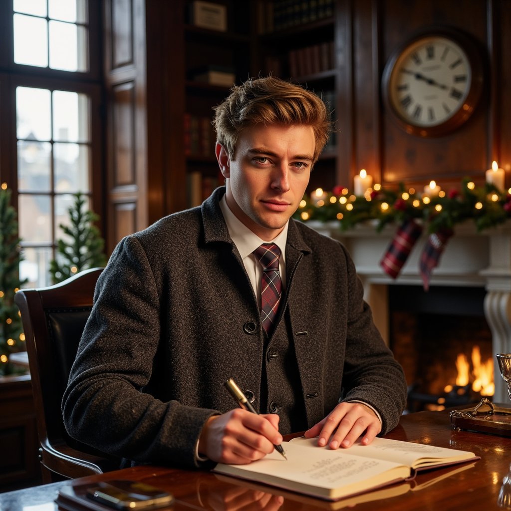 Man at a vintage mahogany desk writing in a leather-bound notebook, soft lamplight on his face. Hairstyle: side-part, slightly undone; faint stubble. Attire: thick wool cardigan over white oxford shirt, plaid tie loosened. Fabric details: wool knit definition, cotton creases, polished leather edge of notebook. Camera: side angle, 70mm, f/2.2. Lighting: single warm brass lamp key, shadows cast across hands and pages. Background: blurred bookshelves, clock, faint holiday garland—balanced composition. Pose: leaned forward, focused expression.
Render: highly detailed, highly realistic, HDR; light reflecting on ink pen, paper grain visible, lifelike ambiance.