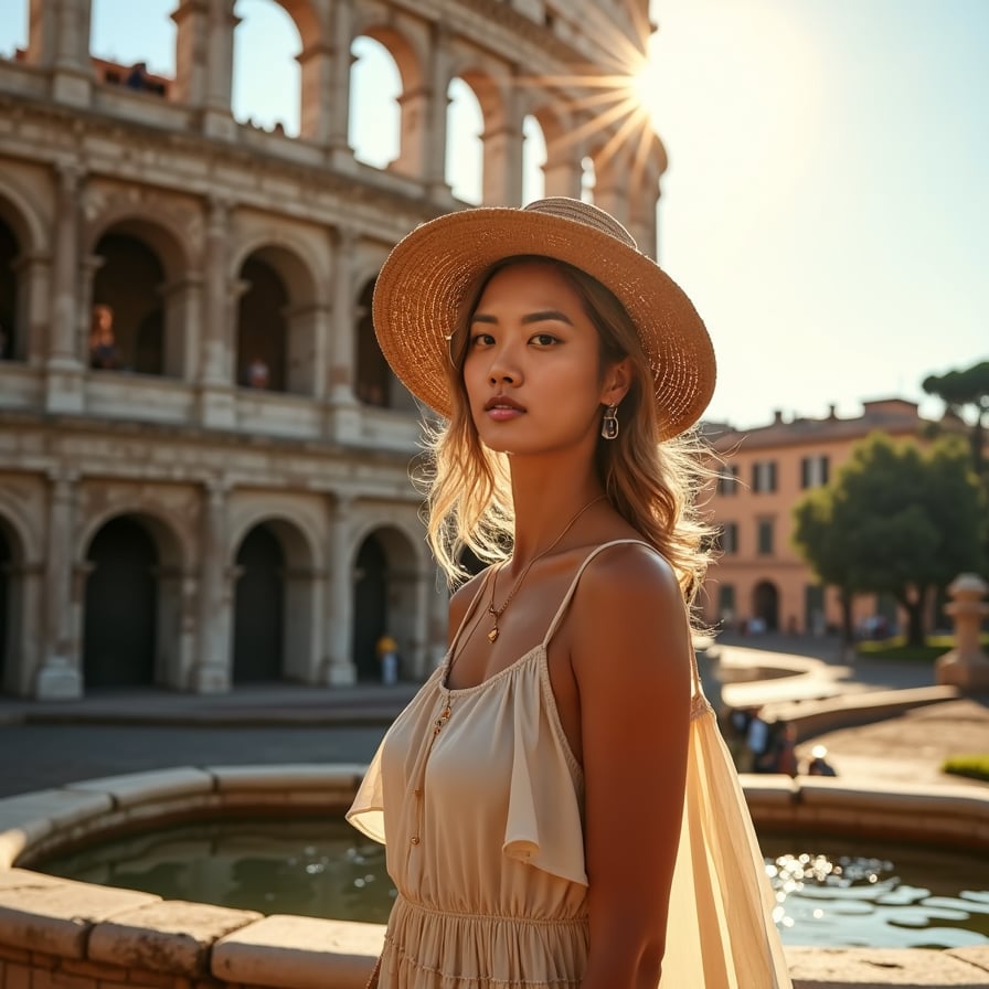 woman in ancient Roman attire, standing in front of the iconic Colosseum, surrounded by crumbling ancient stones and vibrant Roman architecture, warm sunlight casting a golden glow on her face, with a gentle breeze blowing through her hair.