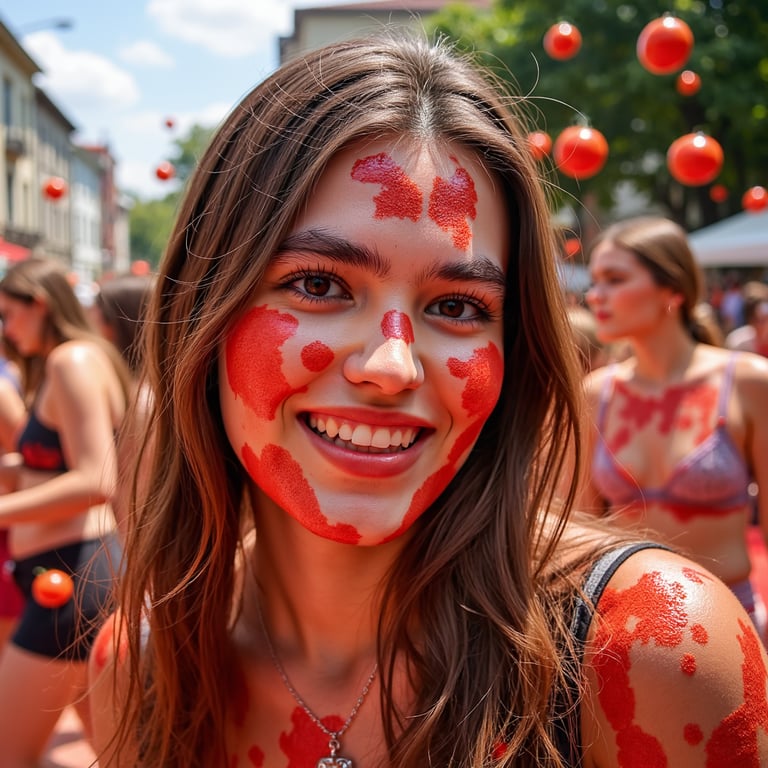 Candid headshot of a young festival-goer surrounded by flying tomato pieces, red