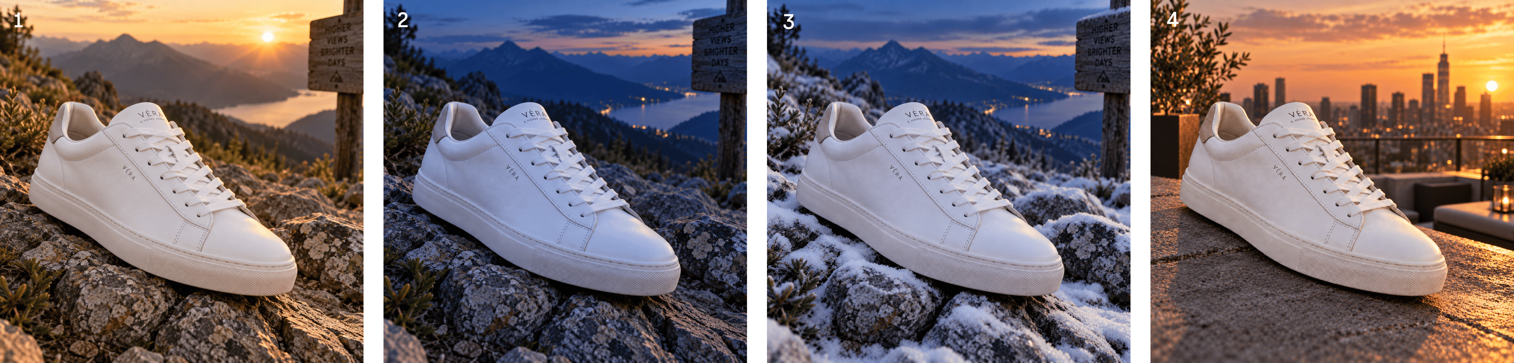 Sneaker launch variations across time of day, season, and background
