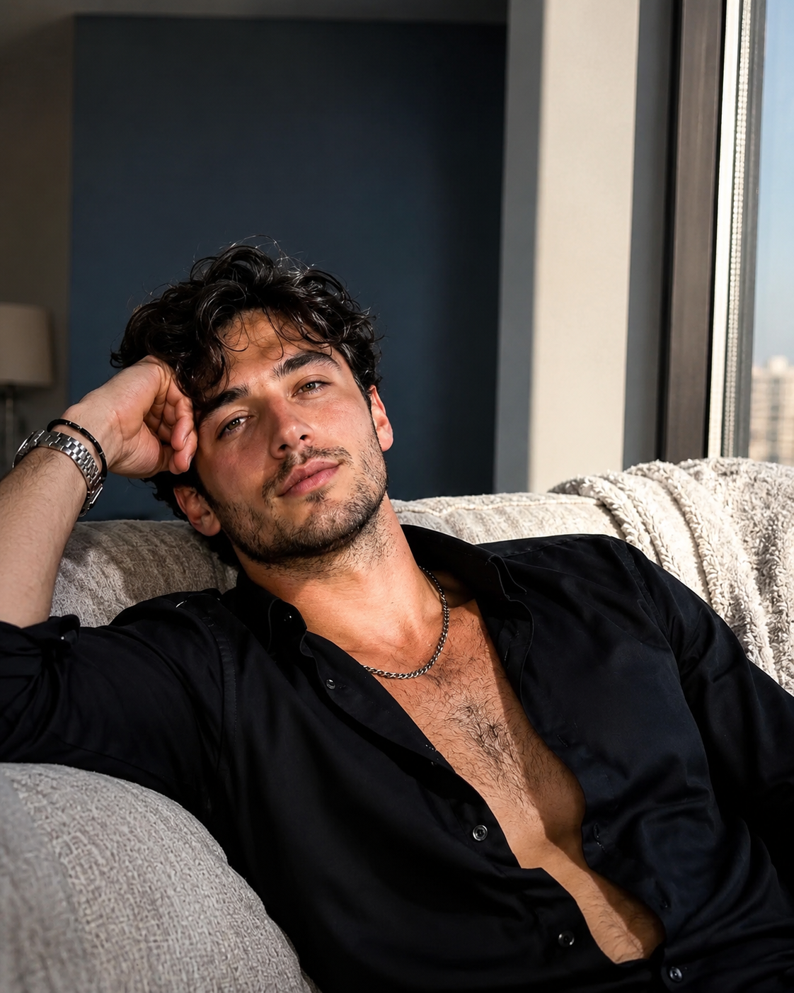 Young man with dark curly hair reclining on grey sofa near floor-to-ceiling apartment window, strong directional side light, city skyline visible