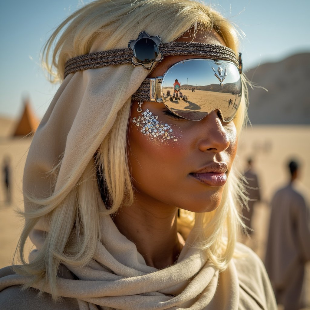 Artistic portrait of a Burning Man attendee wearing mirrored face gear and flowing desert cape, soft focus, surreal desert lighting