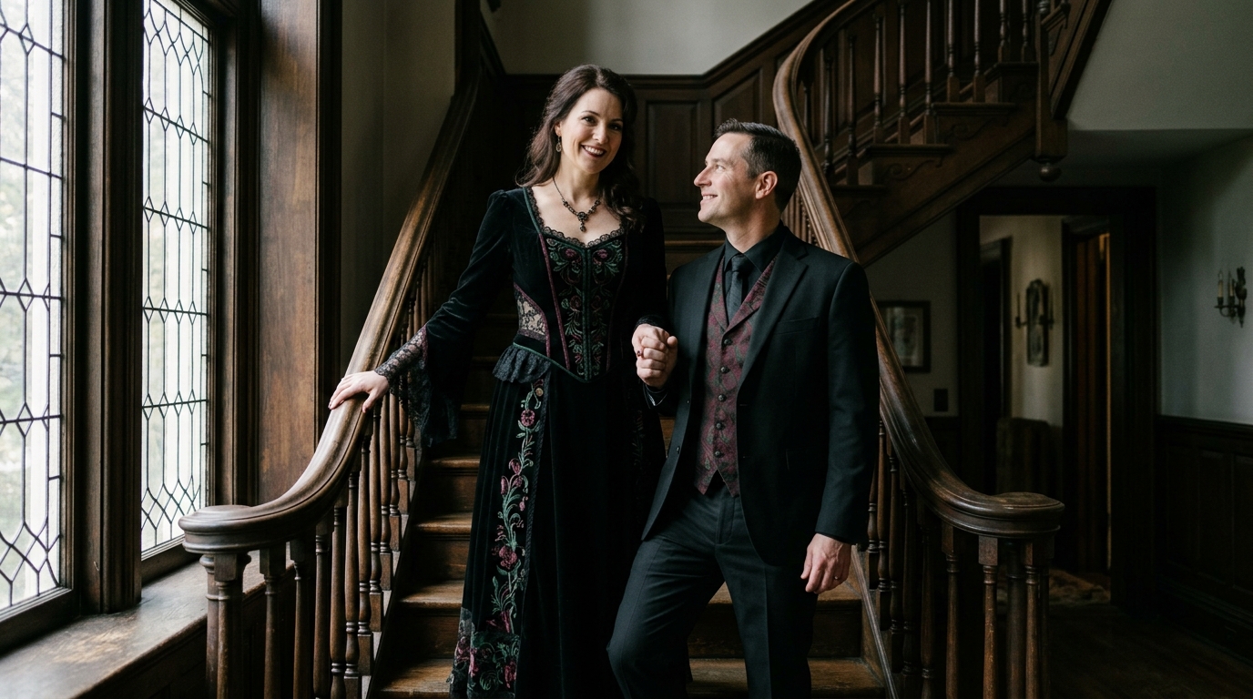 Gothic couple Halloween portrait on a staircase