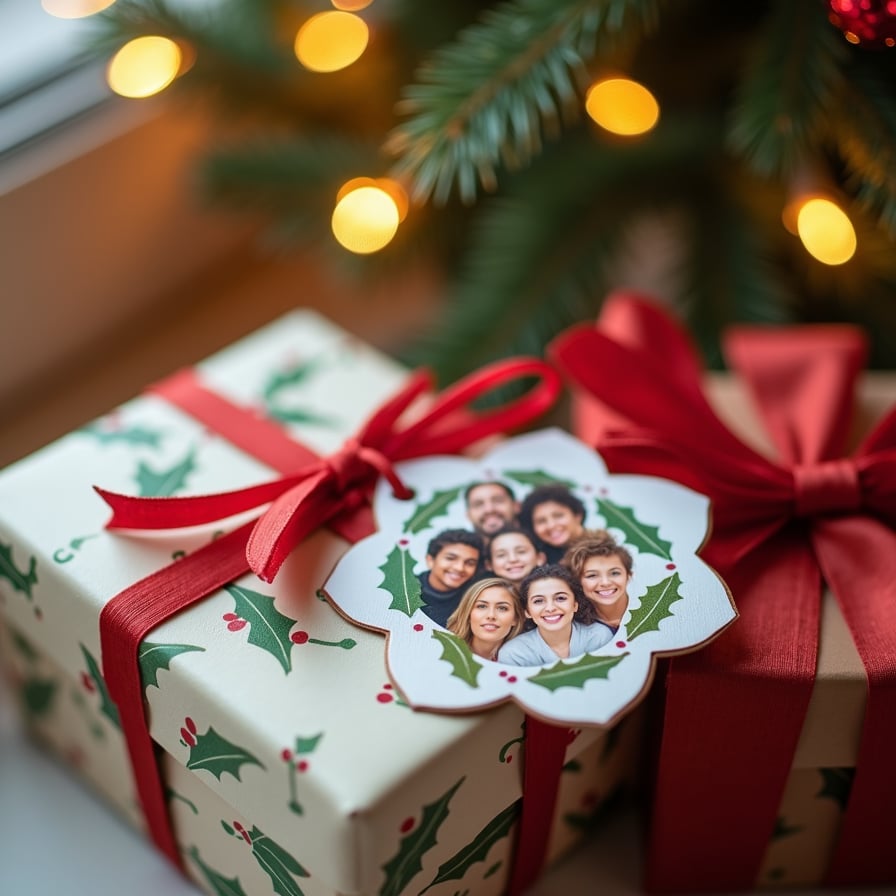 A soft-lit holiday scene showing a small gift box with a family portrait tag. The tag features stylized faces of the family, surrounded by holly leaves and subtle twinkling lights.