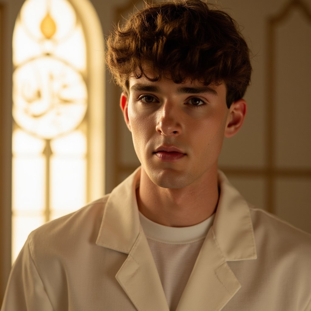 Headshot of a young man lit by moonlight-like glow, wearing a simple white jubba, eyes calm and thoughtful — honoring the spirit of the Prophet’s birthday