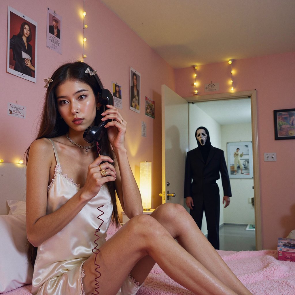 A young woman sits upright at the edge of her bed in a pastel 90s bedroom, posters of boybands and fairy lights covering the wall. She wears a satin slip dress with lace trim, chunky gold rings, and dainty layered necklaces. Her long straight hair is styled with butterfly clips, makeup kept soft with glossy lips and brown eyeliner. She holds a large 90s-style chorded phone to her ear, the coiled wire trailing across her lap. The room glows from a small bedside lamp, photographed with a grainy retro filter. In the shadowy doorway, the Ghostface killer from Scream stands barely illuminated.